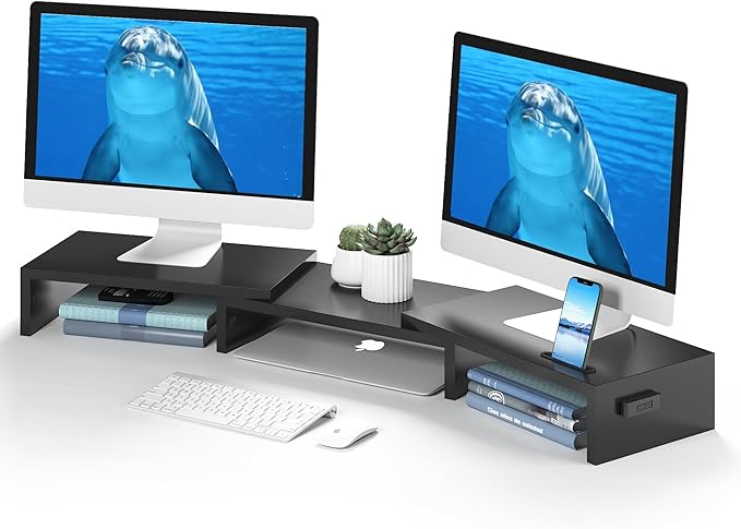 BONTEC Dual Monitor Stand Riser, Adjustable Length & Swivel Angle, Black | Ergonomic Wooden Desktop Organizer with Smartphone Holder, Computer Monitor Stand for PC, Laptop, Printer and Large Storage by BONTEC