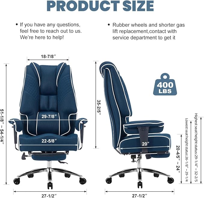 EXCEBET Big and Tall Executive Office Chair 400lbs Wide Seat, Mesh Grey | Retractable footrest, 135° recline, Lumbar support, Ergonomic high back, Breathable mesh, Thick cushion, Padded armrests - Image 2