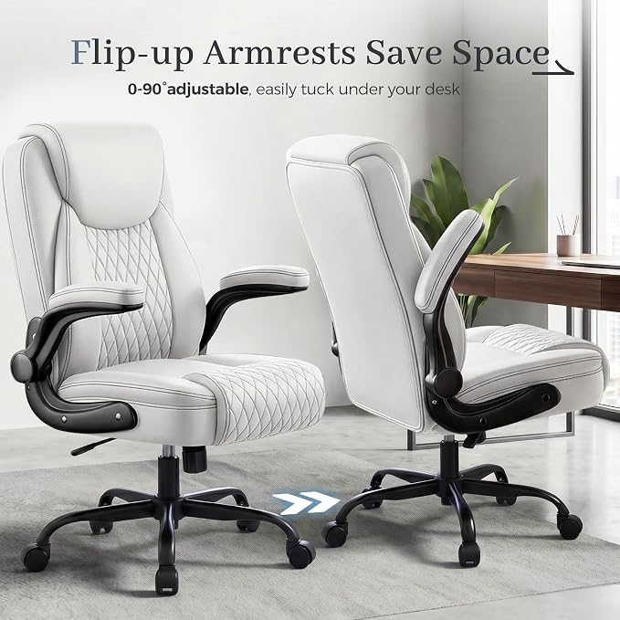 GTPOFFICE Executive Office Chair with Comfortable Lumbar Support, Ergonomic Gaming Chair with Flip-up Armrests & Zoned Pressure-Relief Cushion, Comfy PU Leather Desk Chair, White - Image 8