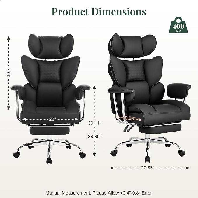 Big and Tall Office Chair 400 LBS, for Adults, Home Office | PU Leather, Executive Ergonomic Desk Chair with Footrest, Lumbar Support, Wide Seat ,Reclining, Black - Image 2