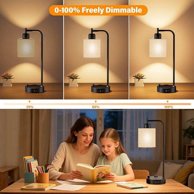 Industrial Table Lamps with Linen Shade, Set of 2 Fully Dimmable Bedside Lamps with USB A+C Ports and Outlet, Black Nightstand Desk Lamps for Bedrooms Living Room Office, 2 LED Bulbs Included - Image 2