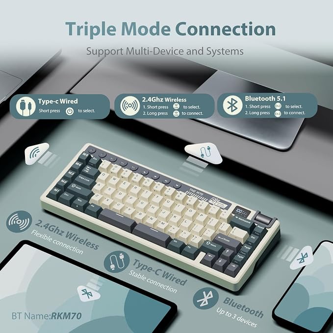 RK ROYAL KLUDGE M70 Wireless Mechanical Keyboard with Display/Macro Keys | 2.4GHz/Bluetooth/Wired 75% Gasket-Mount Gaming Keyboard with Knob, 6000mAh Battery, Hot-Swappable, Soft Tactile Beige Switch - Image 3