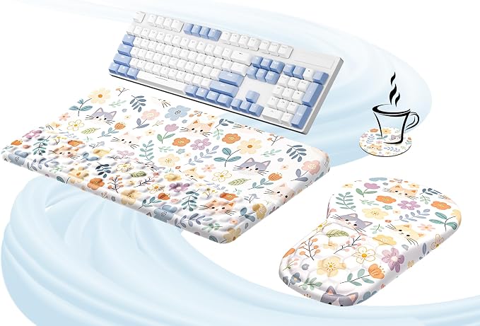 Ospelelf Keyboard Wrist Rest and Mouse Pad Set, Ergonomic Memory Foam Wrist Support, Aesthetic Desk Accessories for Office, Home & Gaming, Relief for Carpal Tunnel & Wrist Pain,Floral Cat by OspelelfOfficeSupplies