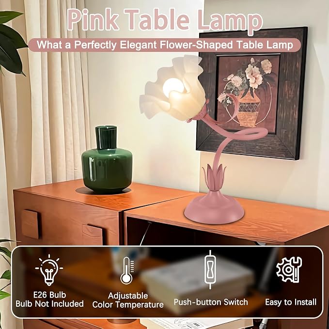 Women Bedside Table Lamps for Bedroom, Cute Flower Desk Lamp with Adjustable Flexible Gooseneck, 3 Color Temperatures Nightstand Lamp with E26 LED Bulbs, Floral Lamp for Living Room, Office,Reading - Image 5