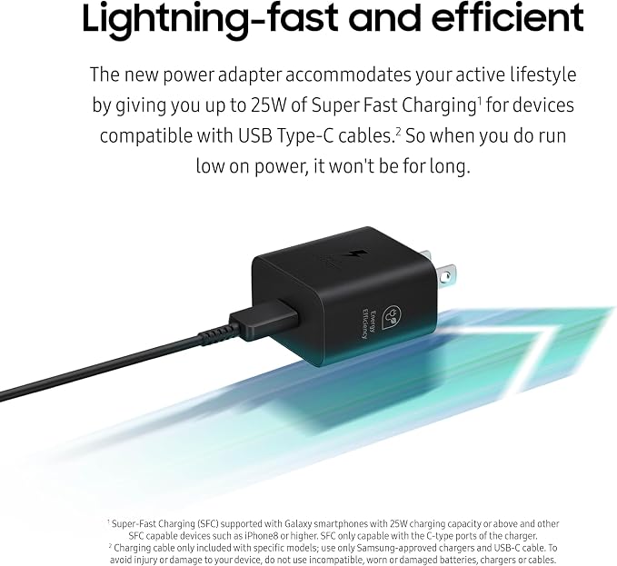 Samsung 25W Wall Charger Power Adapter, Cable Not Included, Super Fast Charging, Compact Design, Energy Efficient, Compatible with Galaxy and USB Type C Devices, Black - Image 2