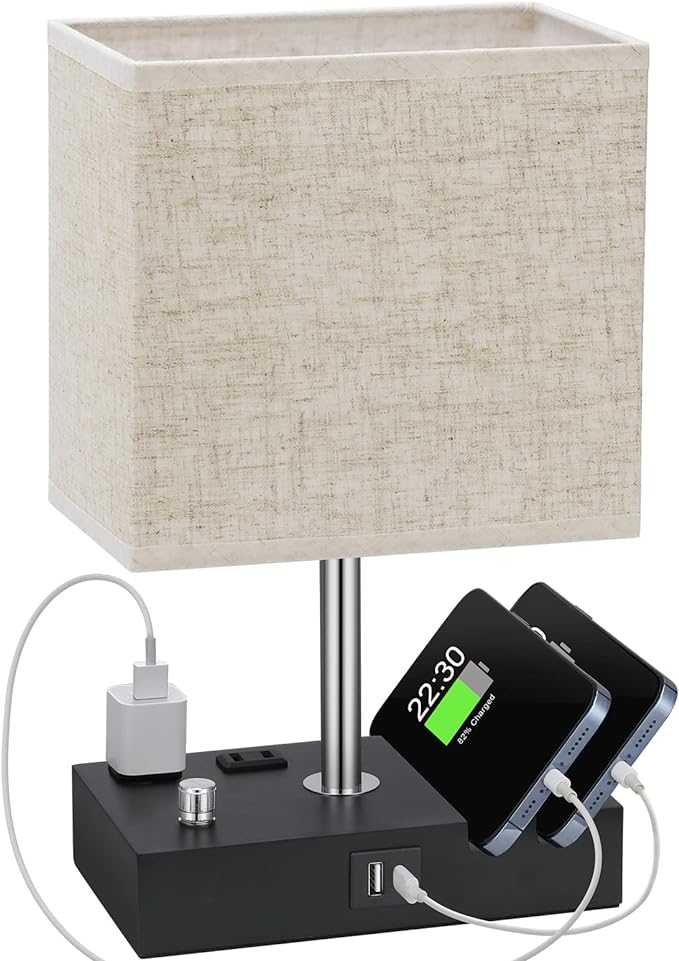 Beige Table Lamp for Bedroom - Stepless Dimmable, USB C+A, 2 AC Outlets | Dimming By Rotary Knob, USB C+A Ports, 2 Phone Stands, LED Bulbs Included, Rectangle Beige Lampshade, for Living Room, Desk by KakanuoLightings
