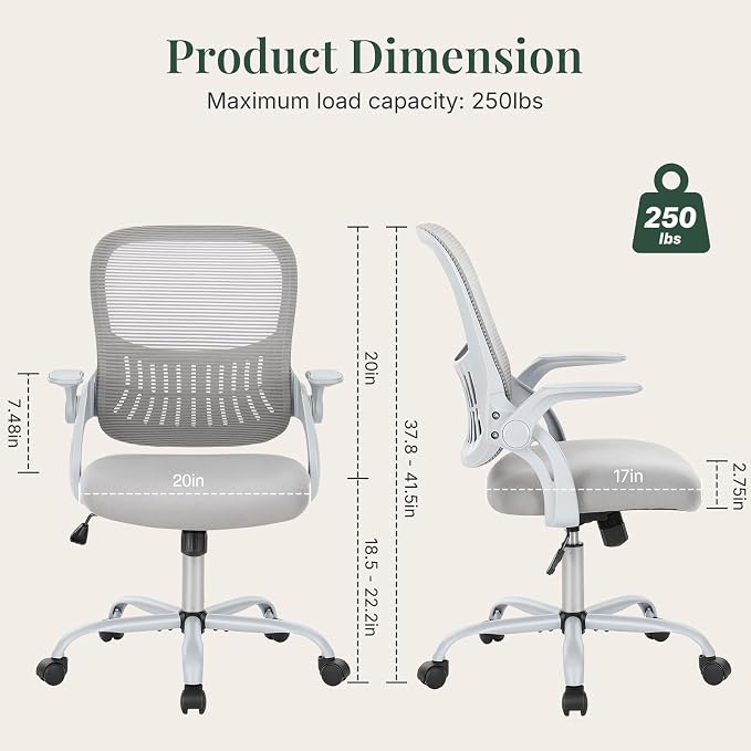 Home Office Desk Chair with Flip-up Armrest, Computer Chair | Lumbar Support, Height Adjustable, Mesh Mid-Back, Ergonomic Task Gaming Chair with 360° Swivel Wheels for Adults, Grey - Image 2