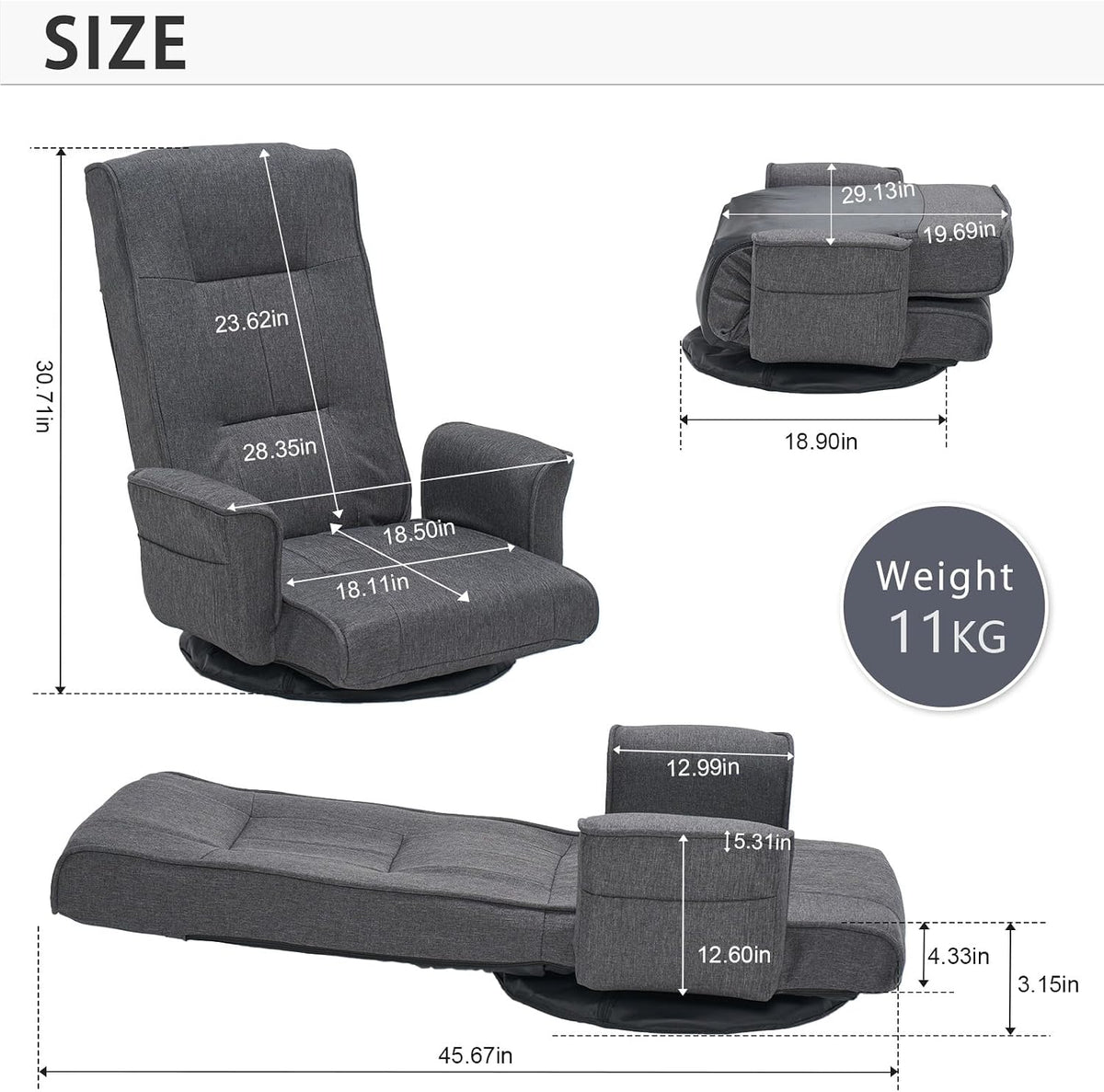 360° Swivel Floor Chair for Adults, 14-Position Adjustable Folding Floor Lounger with Armrests for Reading, Gaming & Relaxing - Image 2