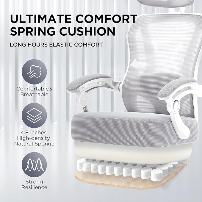 Ergonomic Office Chair with Footrest,Ultra Thick Desk Chair,Grey | 150°Reclining,Mesh High Back,Adjustable 2D Lumbar Support and Headrest,4.8" Spring Cushion,Premium Computer Chair for Adults - Image 4