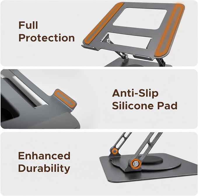 Aluminum Laptop Stand for Desk, Heavy Duty Computer Stand with 360° Rotating Base, Ergonomic Adjustable Height Notebook Riser, Compatible with MacBook Pro/Air, Dell, HP, 10-17” Laptops - Grey - Image 6