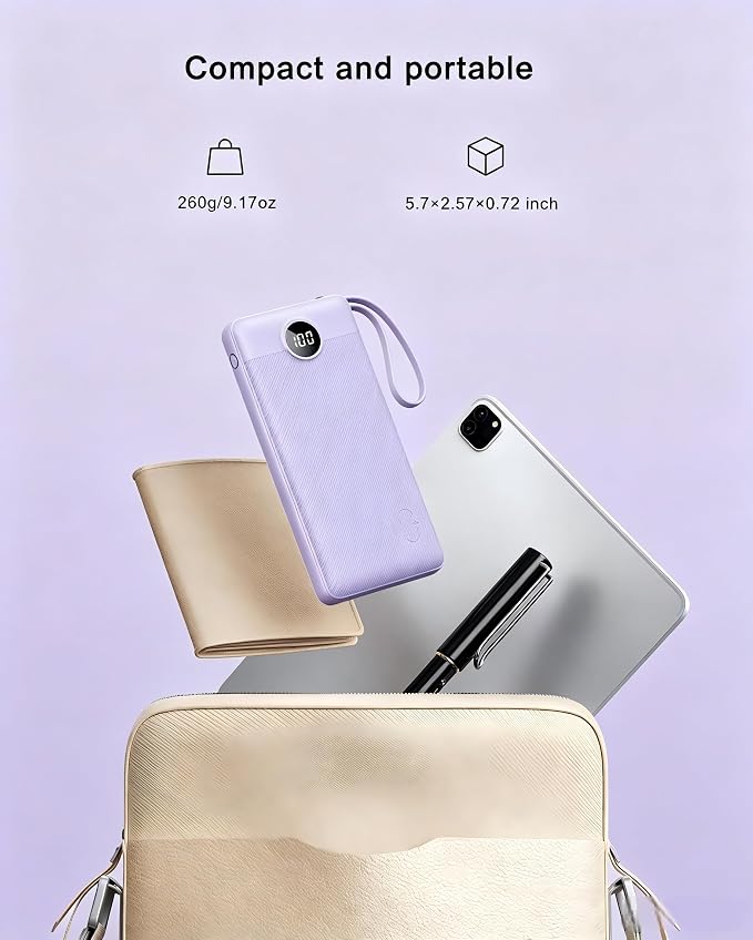 VRURC Portable Charger Built in 4 Cables, 10000mAh Power Bank | Battery Pack Travel Essentials, 5 Outputs 2 Inputs Slim Phone Charging Bank Lavender(1 Pack) - Image 8