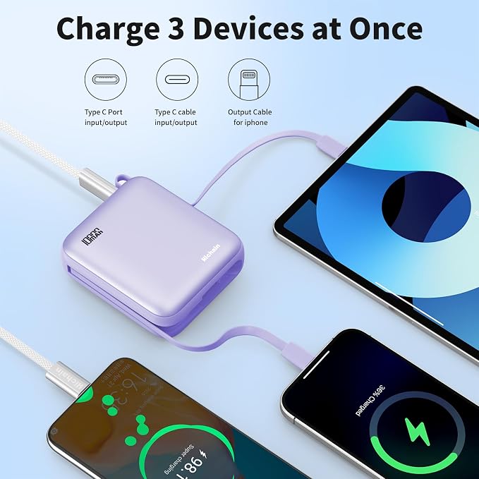 10000mAh Small Portable Charger with Built in Cables LED Display Purple | Mini Power Bank 22.5W USB-C Fast Charging Battery Pack, Travel Essential Power Bank for iPhone, iPad, Samsung, Android - Image 4
