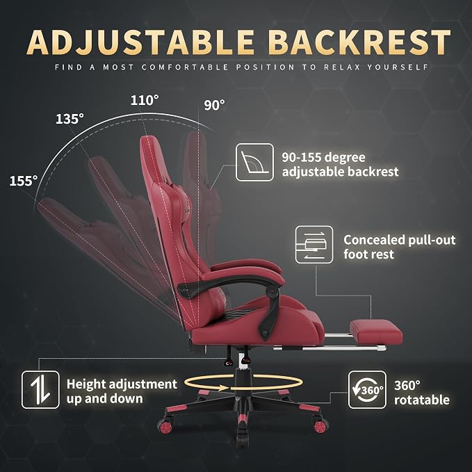 Gaming Chair,Computer Chair with Footrest and Lumbar Support,Breathable PU Leather,4D Lumbar Support and Headrest,360 Degree Swivel Chair with Adjustable Ergonomic Backrest for Adults(RED) | Ergonomic Backrest Office Chair,Leather, with Headrest and Lu... - Image 6