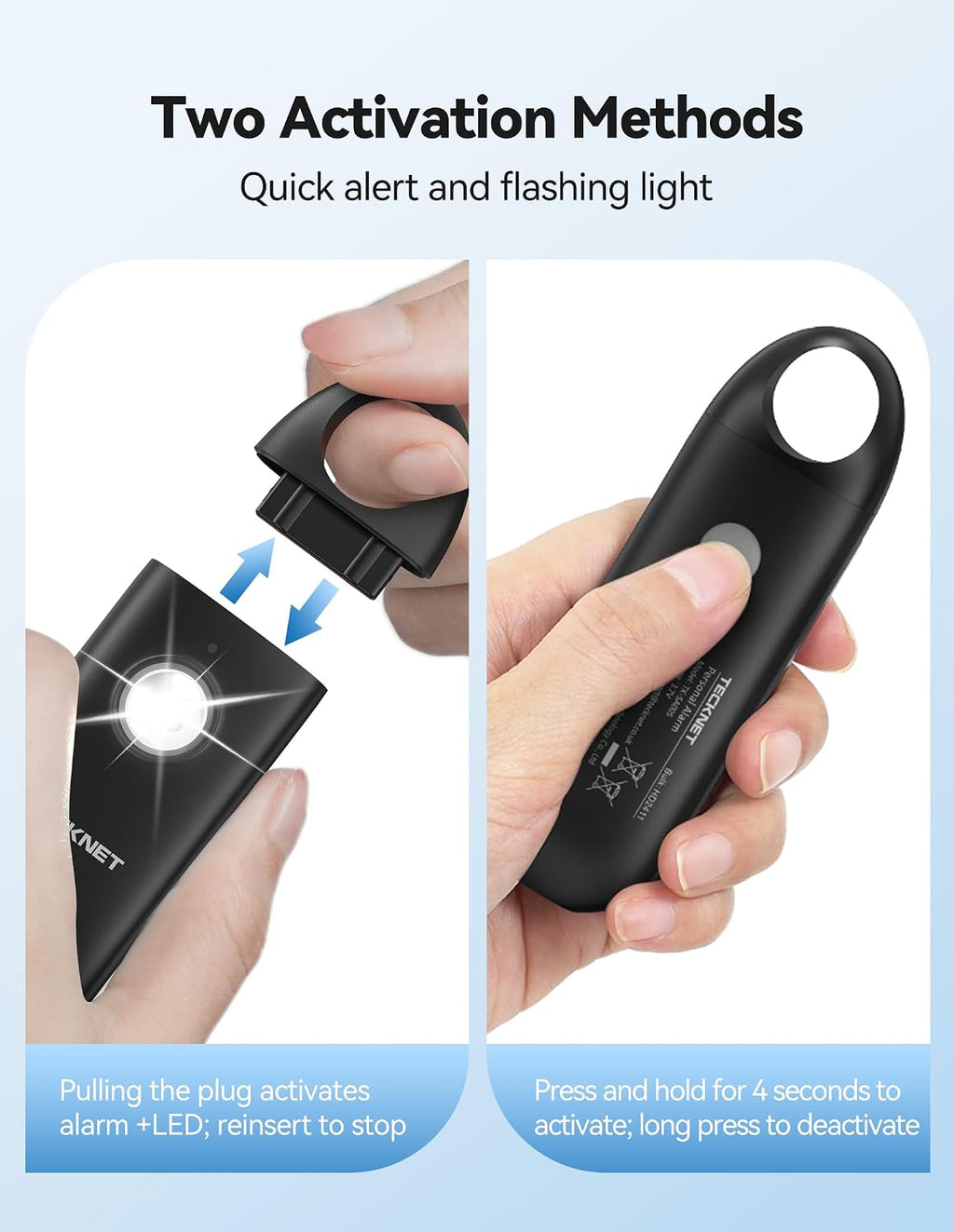 TECKNET Personal Safety Alarm,Portable Personal Alarm for Women with Flashing Strobe Light & Low Battery Alert,130dB Rechargeable Emergency Keychain Alarms for Women ,Men,Kids,Seniors(Black) - Image 4