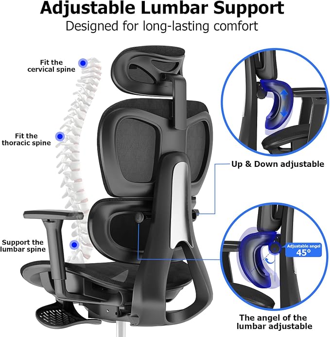 Ergonomic Office Chair with Footrest, Big and Tall Desk Chair with Adjustable Lumbar Support, Seat Depth & 3D Armrests, High Back Mesh Computer Chair for Home Office, Black - Image 5