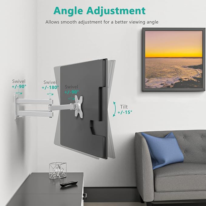WALI TV Wall Mount Articulating 15 inch Arm, 2 Pack for Monitor TV, White | Fits 13-32" Monitor, VESA 75/100, Holds 33 lbs, Tilt/Swivel/Rotate for Optimal Viewing, Eases Neck Pain at Work, 1330LM-2W - Image 3