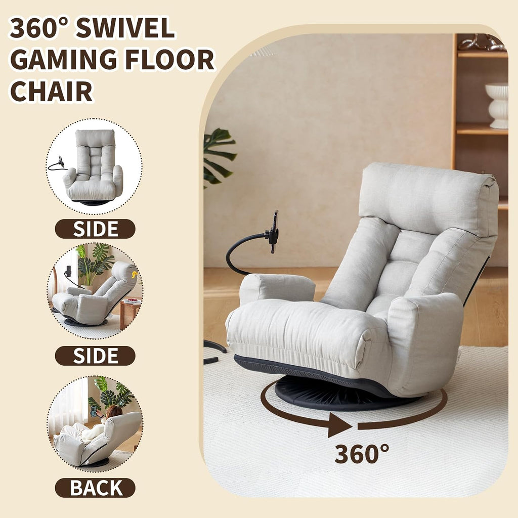 Swivel Lazy Floor Chair, Adjustable Reclining Floor Lounger with Head & Back Support and Phone Holder, Comfy Tatami Sofa Seat for Adults Bedroom & Gaming - Image 6