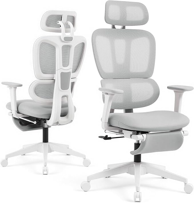 Ergonomic Office Chair with Footrest and Dynamic Lumbar Support, Grey | Reclining high-back computer chair, memory foam seat, 2D armrests, 2D headrest, mesh desk chair for home office, long hours by GleeMatrix