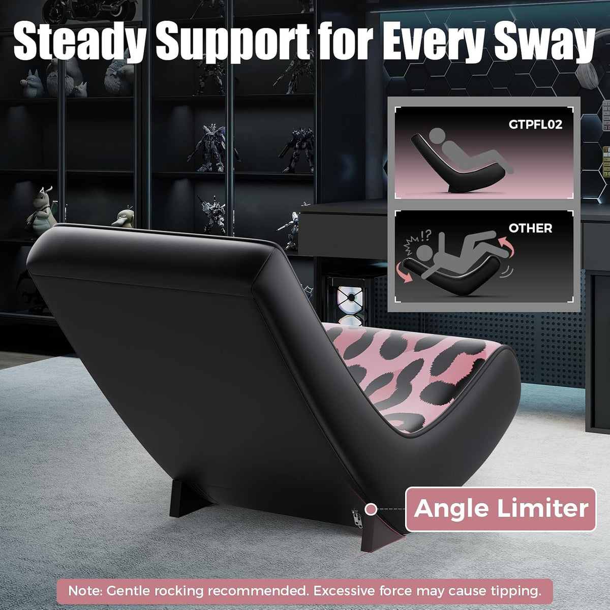 GTPLAYER Gaming Floor Rocking Chair – Rocker Floor Game Chair with Angle Limiter, Compact & Lightweight Game Seat, Pink Leopard Patterned - Image 6