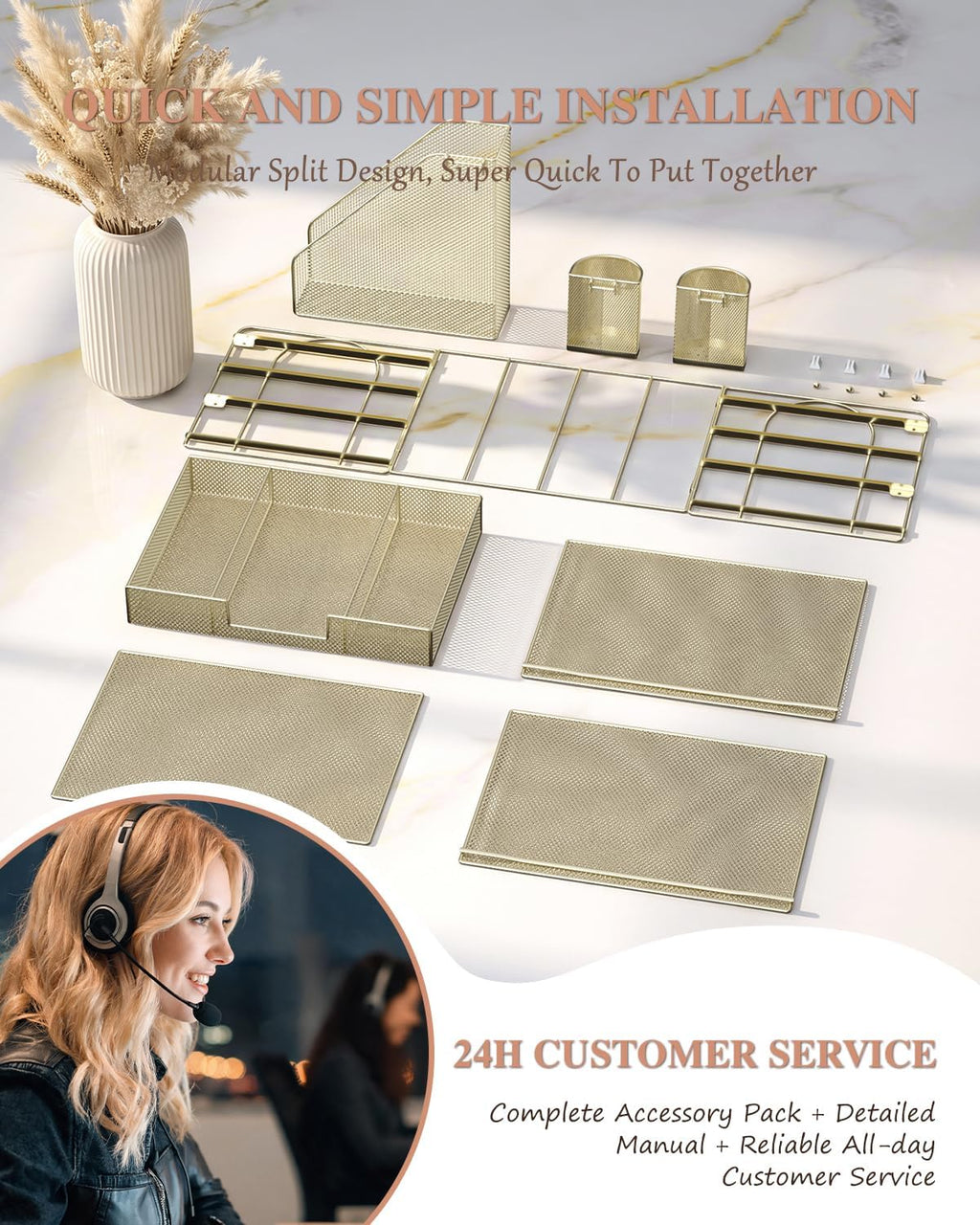 WALI Desk File Organizer, 4 Tier Desktop Paper Letter Tray Organizer with Drawer and 2 Pen Holders, Office Desk Accessories & Workspace Organizers for Office, Home, School Supplies, 1 Pack, Gold - Image 9