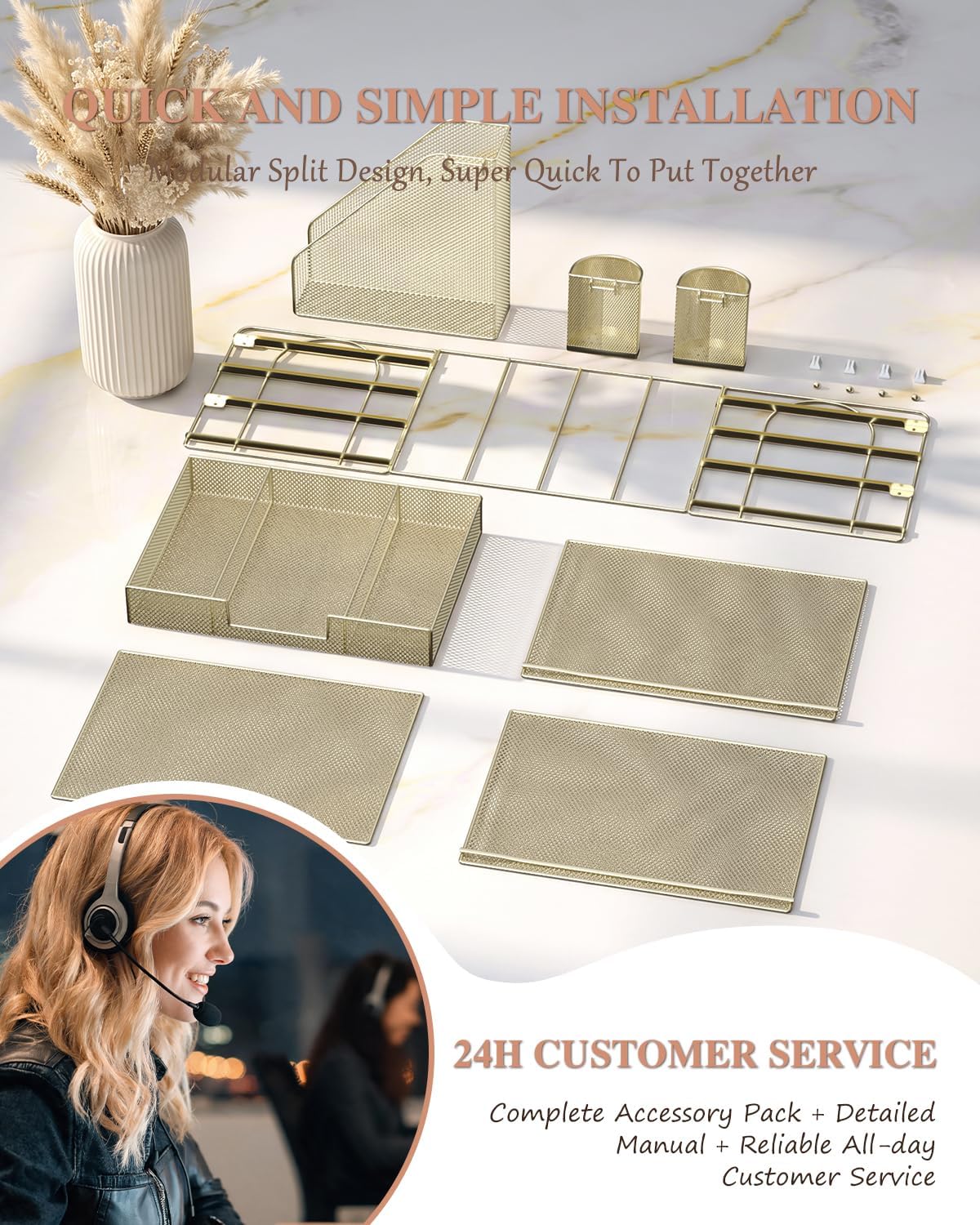 WALI Desk File Organizer, 4 Tier Desktop Paper Letter Tray Organizer with Drawer and 2 Pen Holders, Office Desk Accessories & Workspace Organizers for Office, Home, School Supplies, 1 Pack, Gold - Image 9