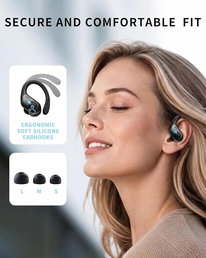Active Noise Cancelling Ear Buds Wireless Earbuds 90H Playtime Bluetooth Headphones Stereo Bass Over-Ear Hooks Earphones with Power Display Case IPX7 Waterproof Headset for Workout/Running, Black - Image 4