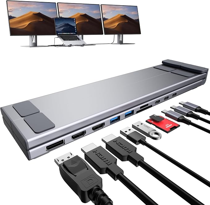 10 in 1 USB C Laptop Dock Stand 4K Triple Monitor with PD 100W | 2*HDMI+1*DisplayPort(up to 4K@60Hz), 2 USB A 3.0, 2 USB A 2.0, PD 100W, USB C 3.0+SD&TF for Mac Pro/Air/Dell/HP/Surface/Acer by Mukiya