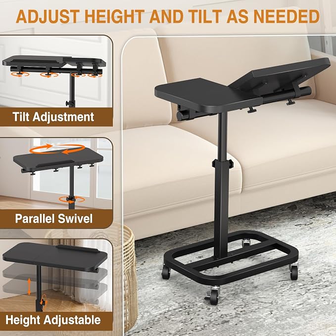 Portable Rolling Over Bed Laptop Desk, Adjustable Height and Tilt for Home | Alentar Large-Size Mobile Laptop Stand for Bed, Sofa TV Tray with Wheels, Sturdy Welded Metal Frame, Black, 25” x 12.99” - Image 3