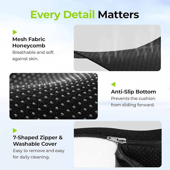 AUVON Ergonomic Donut Pillow Seat Cushion for Hemorrhoid & Back Pain Relief | Thick Memory Foam Chair Cushion with Firm Support for Tailbone, Sciatica, Pregnancy, Thigh Slope Design for Sitting Comfort - Image 7