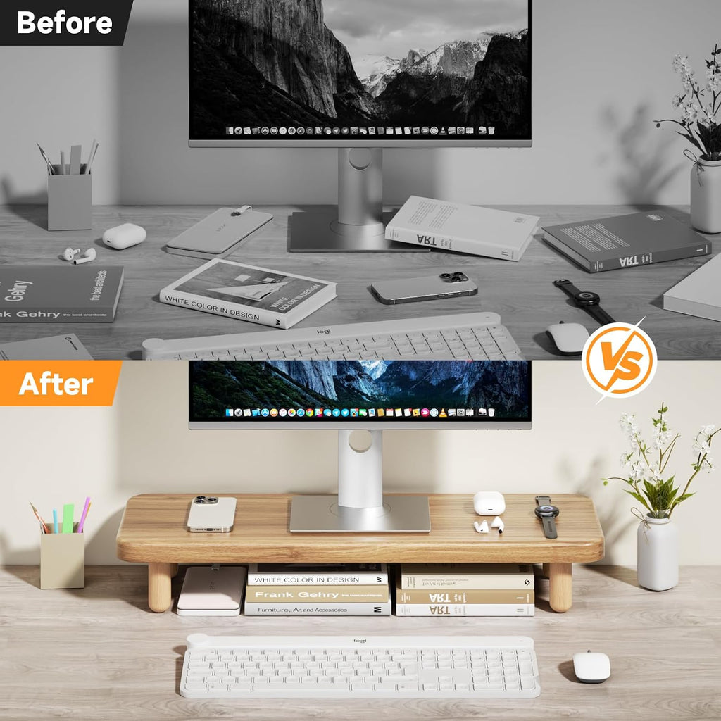 Monitor Stand Riser, 24 Inch Wood Desk Organizer with Monitor Stand & Storage Computer Monitor and Laptop Riser Multifunctional Laptop Stand Desk Organizer for Office Home Screen/Laptop/PC -Light Walnut - Image 7