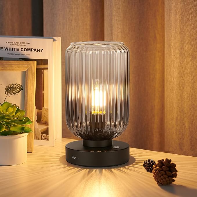 LightRound Cordless Table Lamp for Bedroom, Touch Stepless Dimmable | 7500mAh Rechargeable Battery, Gray Glass Shade, Matte Black Base, Bulb Included, Modern Wireless Lamp for Desk, Living Room by LightRound