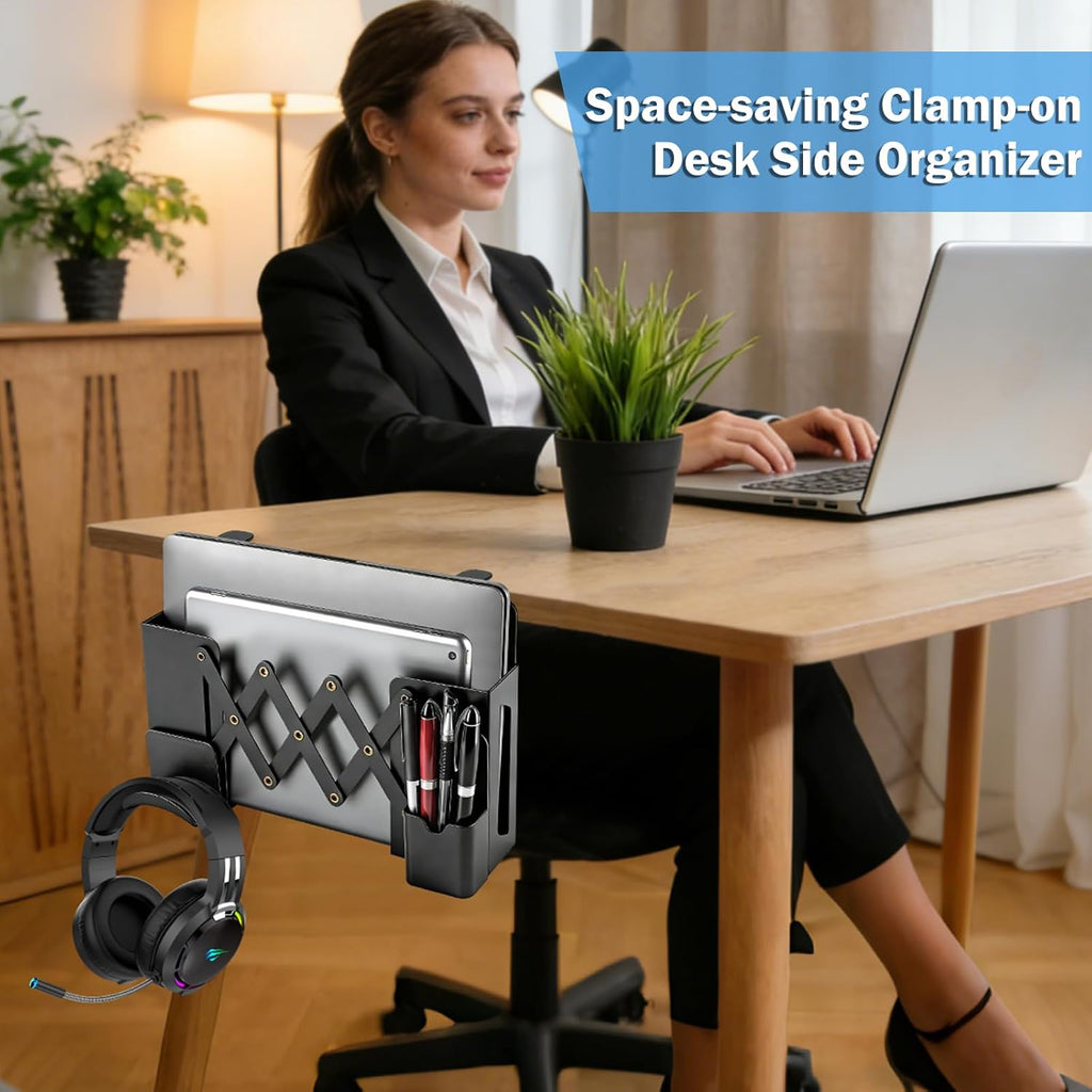 Desk Side Storage，Under Desk Clamp-on Vertical Laptop Holder,7-17 Inch Length Adjustable with Pen & Headphone Holder,No Drill Storage Shelf for Desk，Fits Table Edge 0.4" to 2.3"(Black) - Image 3