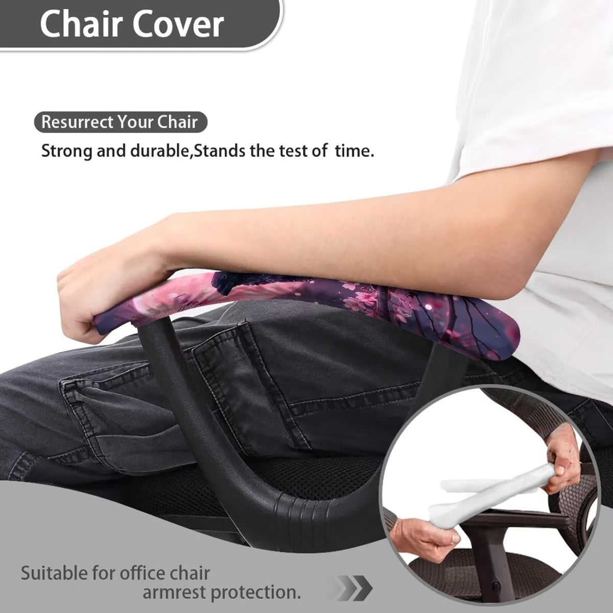 Raven Moon Floral Printed Office Chair Armrest Slipcovers Covers 2Pcs/Set Anti-Slip Stretchy Computer Chair Arm Rest Cover Universal Fits Rotating Desk Gaming Chairs - Image 4