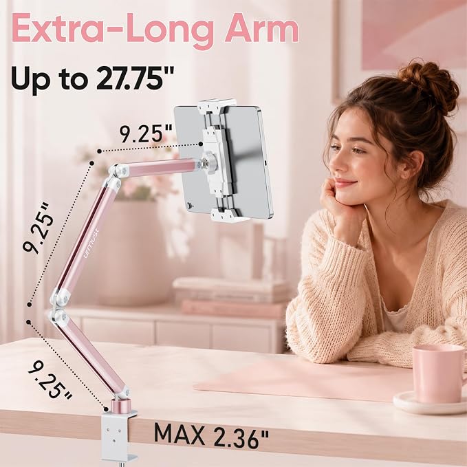 Portable Monitor Stand up to 18.5", iPad Stand for Desk, Pink | Aluminum Arm, Portable Monitor Holder 15.6", Adjustable Desktop Tablet Mount, Second Screens - Image 9