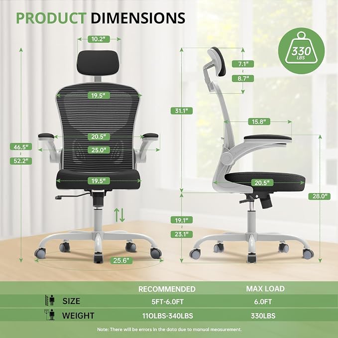 Office Chair|330LBS Capacity Ergonomic Desk Chair | High Back Computer Chair,Long Hours Comfortable,Rolling Swivel,Flip-up Armrests,Home Office - Image 2