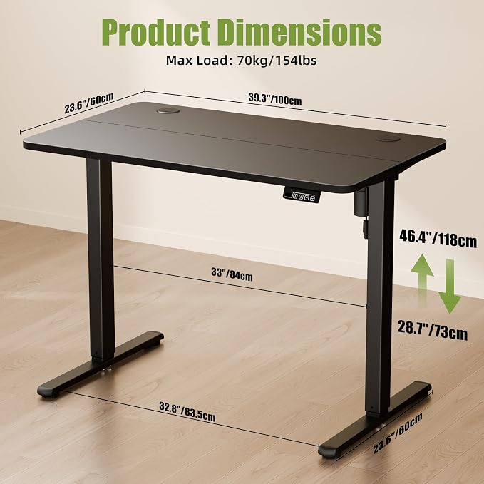 40"x24" Standing Desk, Height Adjustable Sit-Stand Home Office, Black | Electric Adjustable Standing Desk, Sit to Stand Computer Office Desk with Splice Board, Memory Preset, Lifts 28.7''-46.5" - Image 3
