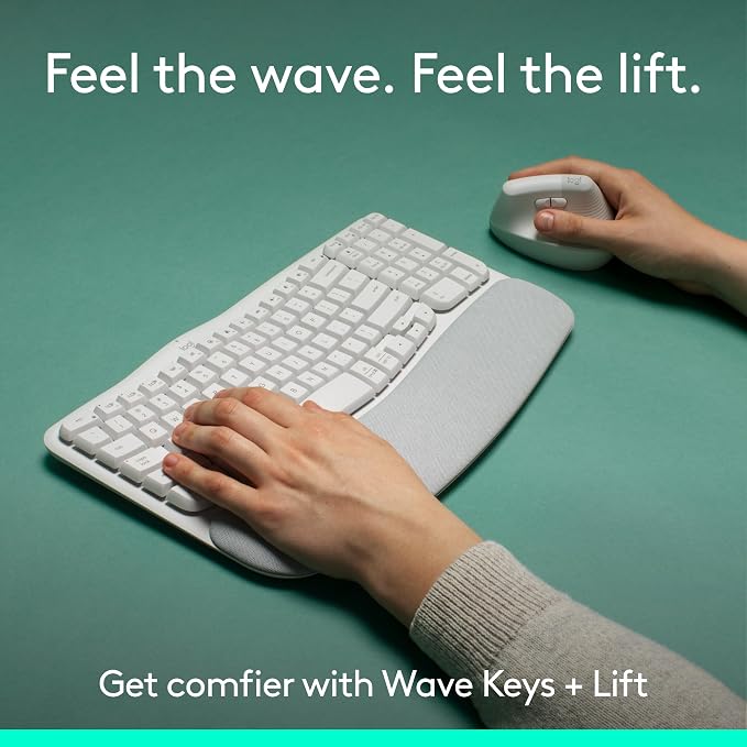 Logitech Wave Keys and Lift Vertical Mouse Combo with Palm Rest - Off-White | Cushioned palm rest, Easy-Switch, Bluetooth, compatible with Multi-OS, designed for Windows and Mac, vertical design - Image 2
