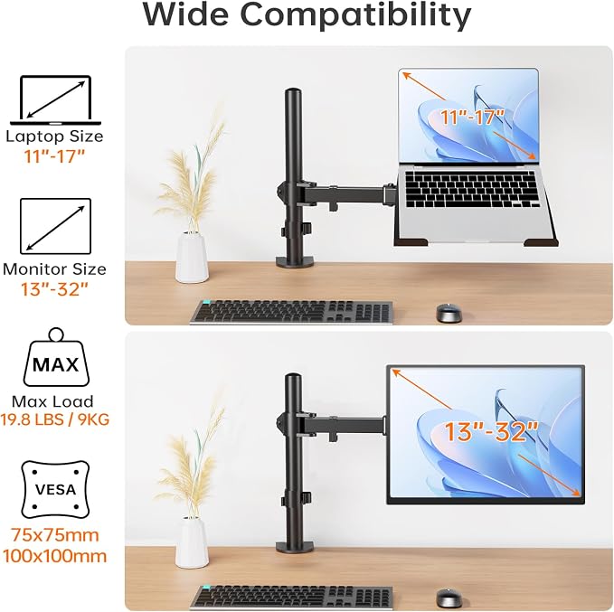 Afaloona 2-in-1 Monitor & Laptop Stand for 13-32" Monitor or 11-17" Laptop | Removable laptop tray converts to a monitor mount with full-motion adjustment, up to 18 lb capacity for monitor or laptop use - Image 2