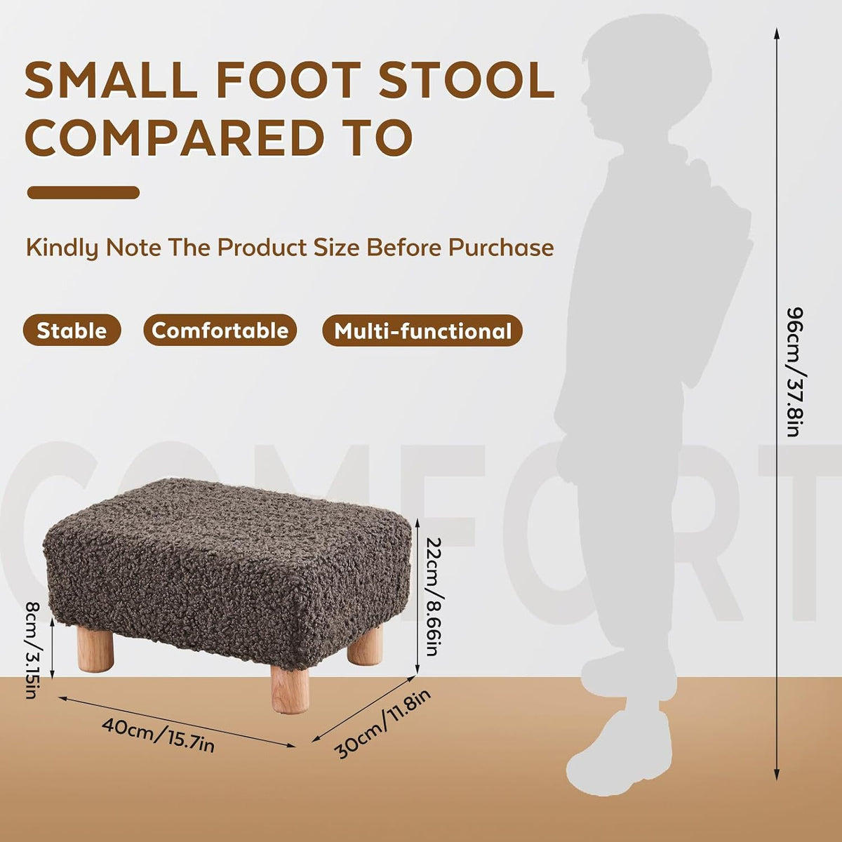 Small Foot Stool Ottoman, Sherpa Footstool Ottoman Foot Rest for Couch, Rectangle Footstools and Ottomans Small for Living Room, Entryway and Bedroom (Brown) - Image 2