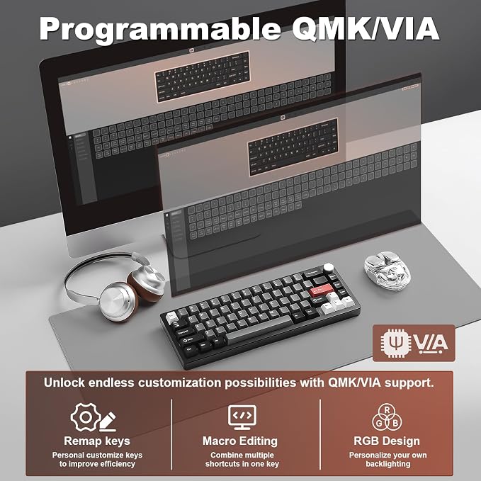YUNZII AL68 Wireless Mechanical Keyboard,Full Aluminum CNC,60% Layout with Knob, QMK/VIA Software,Gasket Mounted,Hot Swappable,RGB Backlit,BT/2.4G/USB-C for Mac/Win (Black, Cocoa Cream V2) - Image 6