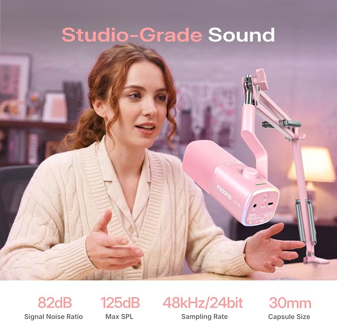 MAONO PD100W Wireless Dynamic Gaming Microphone for PC with USB-C Receiver | One-Click Noise Reduction,Custom RGB,Mute,Monitoring, Companion App,Wireless Desktop Mic for Creator, Stream, Podcast, Pink - Image 3