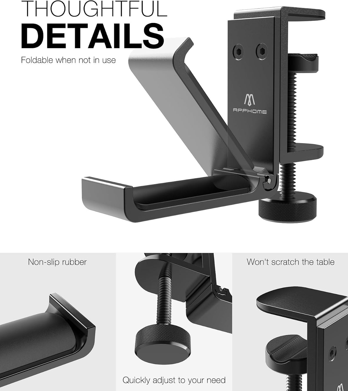 New Foldable Headphone Stand Hanger Holder Aluminum Headset Soundbar Stand Clamp Hook Under Desk Space Save Mount, Universal Fit Gaming Headphones, Black - Image 4