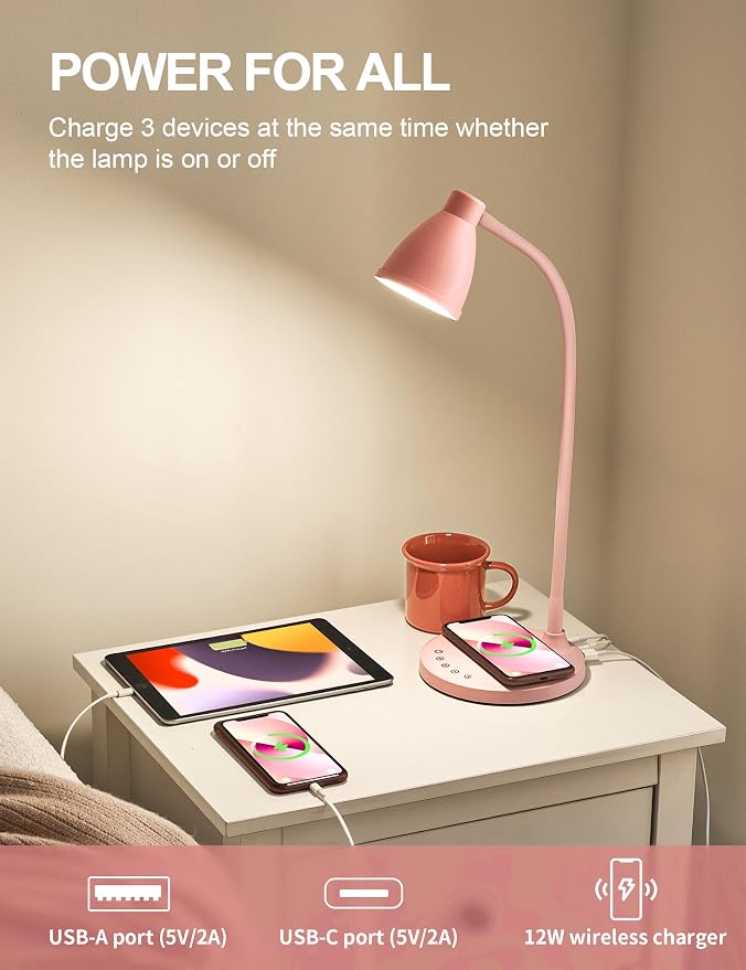 BOHON Cute Desk Lamp for Home Office with USB C+A Charging Port Timer Pink | LED Desk Light with Wireless Charger 5 Colors Stepless Dimming Reading Light Touch Bedside Table Lamp for College Dorm Room - Image 4