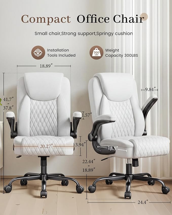 COMHOMA Mid-Back Office Chair, Ergonomic PU Desk Chair with Flip up Arms, Small Computer Gaming with Comfy Lumbar Support,Rocking Function,Sturdy Metal Base, White - Image 2