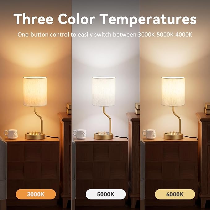 Bedside Lamps for Bedroom Set - 18" Gold Table Lamp for Nightstand | Phone Stand, USB A+C Ports, AC Outlet, 3 Color Temperatures, LED Bulb Included, Desk Lamp for Living Room/Dorm,2-Pack - Image 5