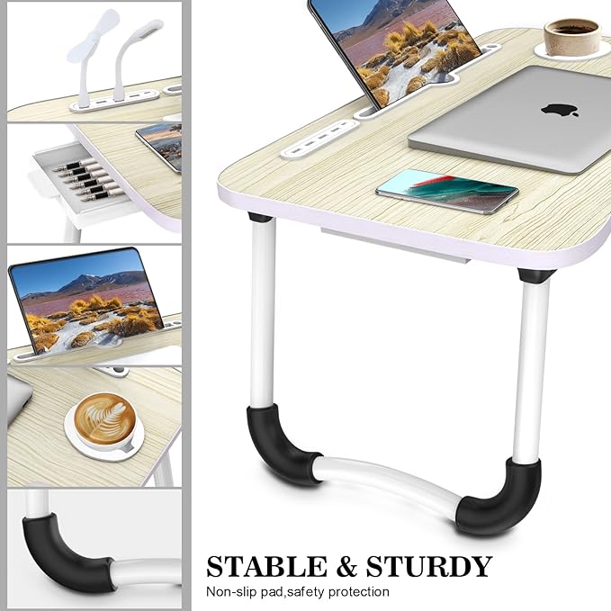 Zapuno Laptop Lap Desk, Foldable Laptop Table Tray with 4 USB Ports Storage Drawer and Cup Holder, Lap Bed Desk Notebook Stand Laptray Portable Standing Table for Bed Couch Floor - Image 3