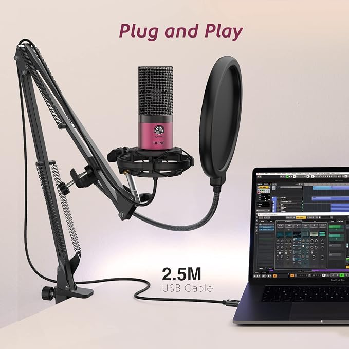 FIFINE T669 Rose Red Podcast Microphone Kit with Boom Arm for Recording | PC Computer Microphone for Streaming, Gaming, Voice-Over, Meeting, Shock Mount, Pop Filter - Image 4