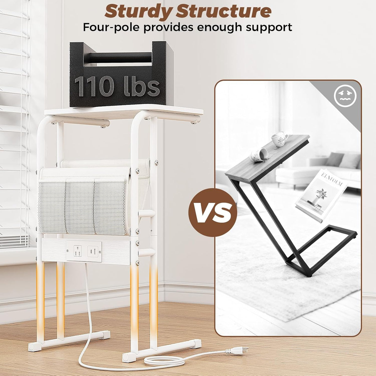 C-Shaped End Table with Charging Station and Storage Bag White - Image 4