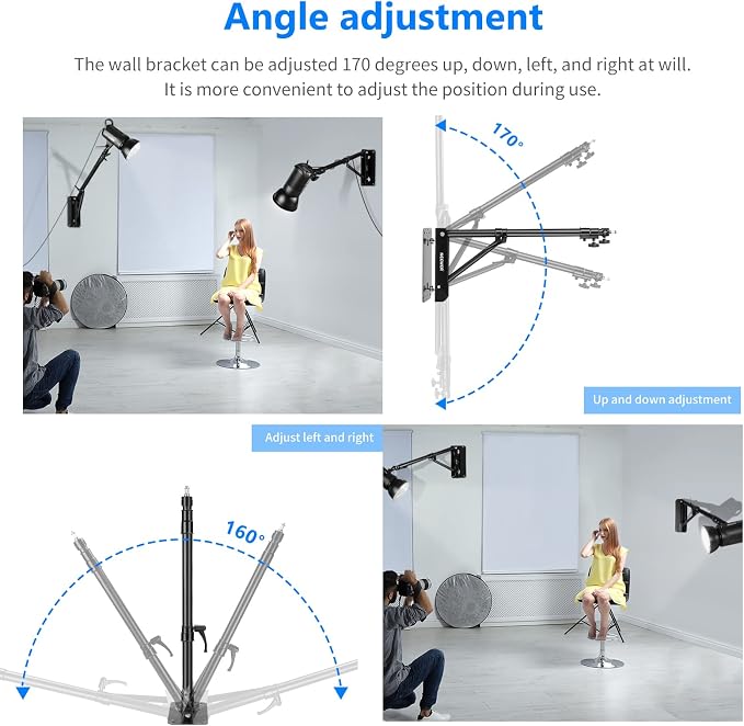 NEEWER Wall Mounting Triangle Boom Arm for Ring Light & Photography Gear | For Monolight, Softbox, Reflector, Umbrella, and Strobe Light, Support 180 Degree Rotation, Max Length 4.3 ft/130cm (Black) - Image 4