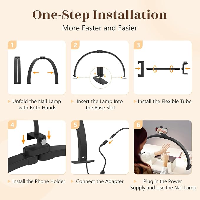 Yokilly Half Moon Light for Nail Desk: 29" Foldable Nail Light for Desk | AB Diamonds Arch Nail Tech Light with Phone Holder for Beginner - 3 Color Modes & 10 Brightness for Manicure Salon-Black - Image 5